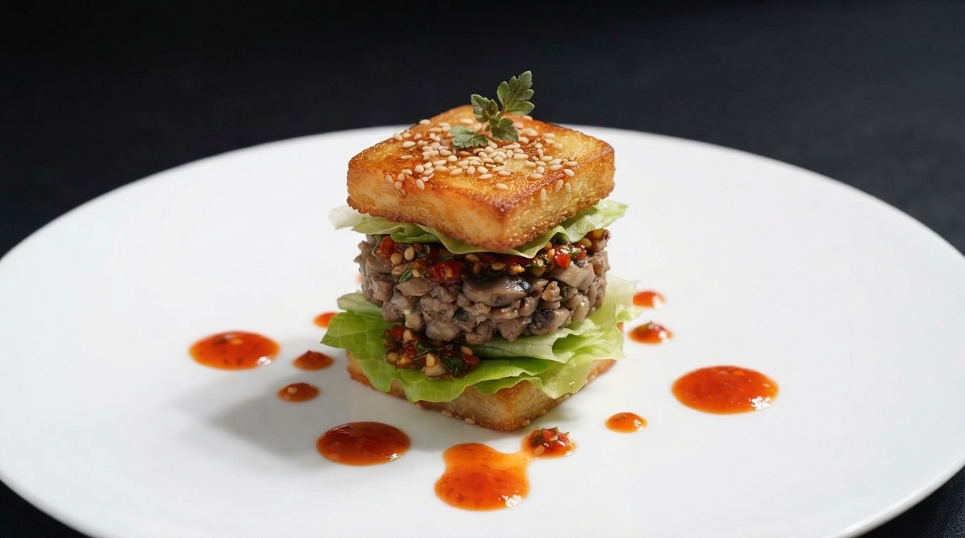Ein Miniatur-Ei-Burger mit goldenem Sesambrötchen, frischem Salat und herzhaften Schichten auf einem makellosen weißen Teller.