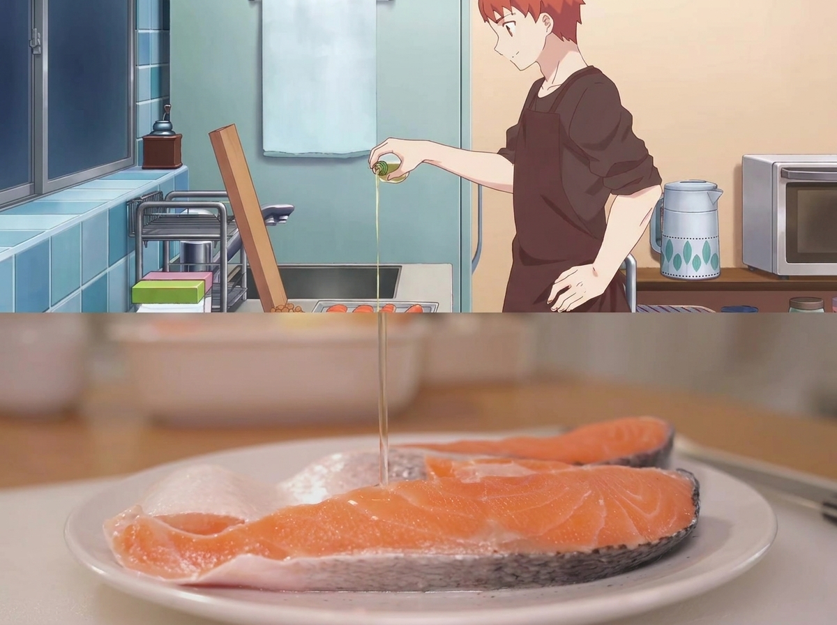 Sake wird aus einer kleinen Flasche auf rohe Lachsfilets auf einem weißen Teller gegossen.