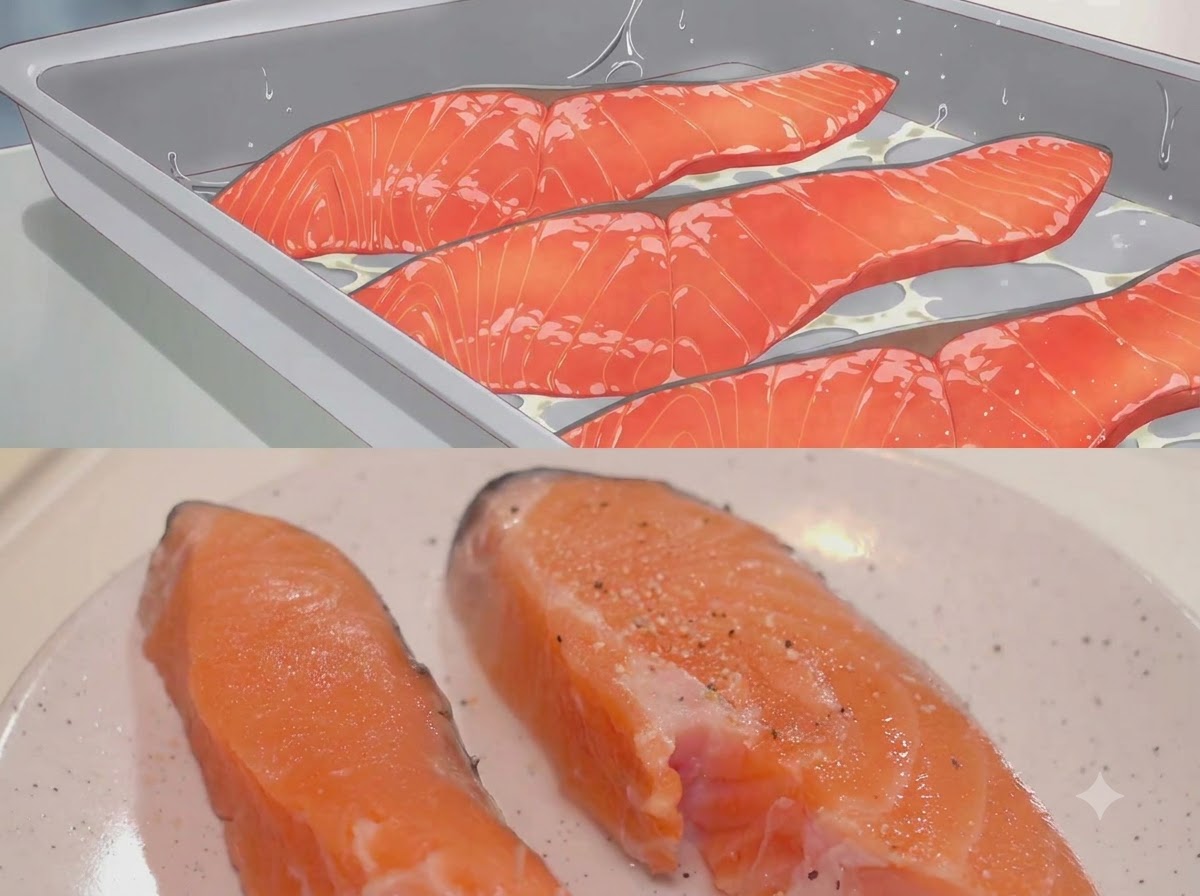 Nahaufnahme von Lachsfilets, gewürzt mit einer Prise Salz und schwarzem Pfeffer.