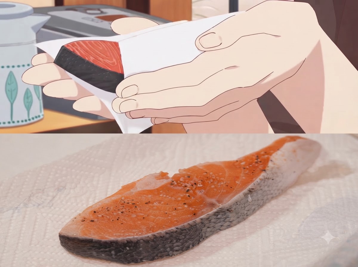 Ein Stück gewürzter Lachs wird mit einem Papiertuch trocken gewischt.