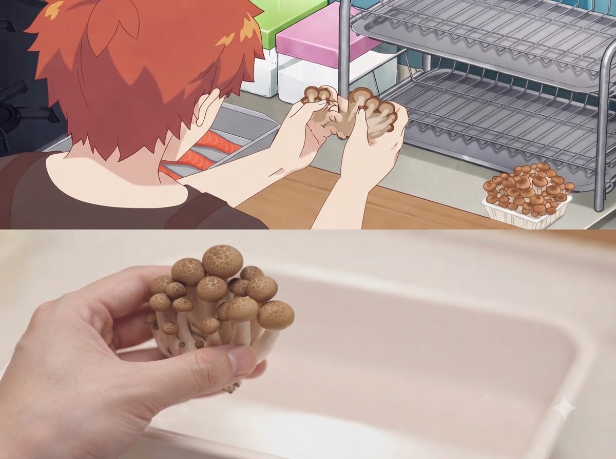 Hände trennen eine Cluster von Shimeji-Pilzen in kleinere Portionen auf.