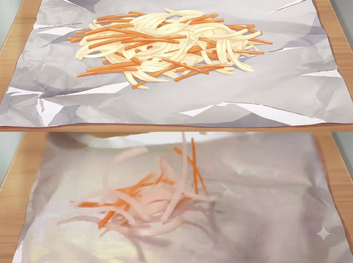Ein Haufen dünn geschnittener weißer Zwiebeln und orangefarbener Karotten verteilt auf einem Bogen glänzender Alufolie.