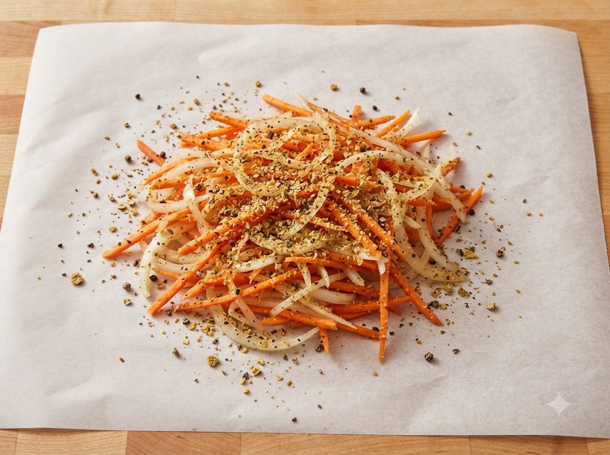 Zerbröselte Bouillongranulate auf einem Bett aus Julienne-Karotten und geschnittenen Zwiebeln auf Backpapier.