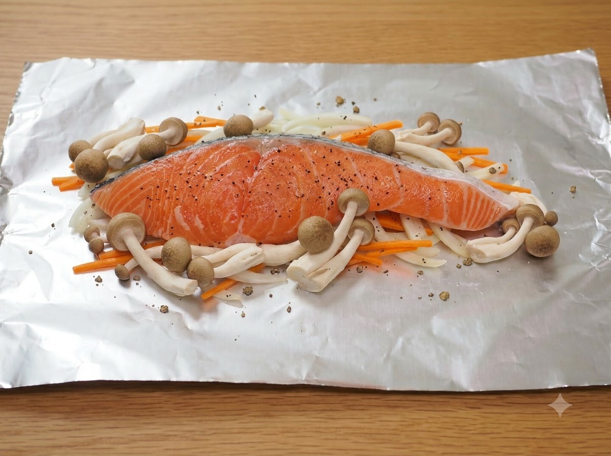 Frisches Lachsfilet zentral platziert über einer Gemüseschicht, umgeben von braunen Shimeji-Pilzen auf Alufolie.
