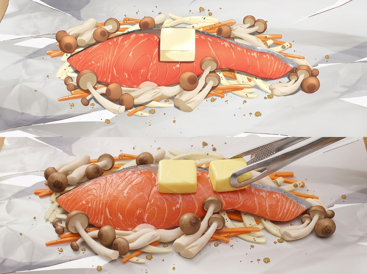 Ein kleines quadratisches Butterstück wird mit einer Metallzange auf der Oberseite eines rohen Lachsfilets platziert.