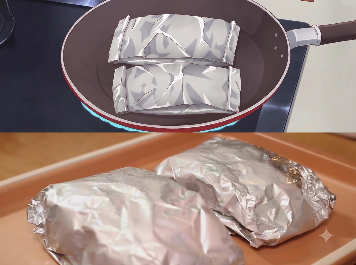 Versiegelte Alufoliepäckchen in einer dunklen Pfanne und auf einem Backblech.