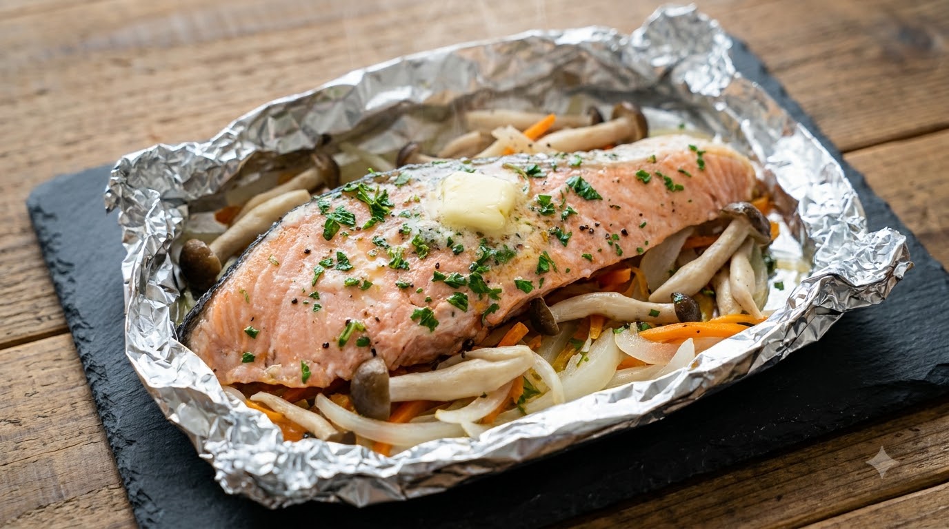 Japanischer Lachs in Alufolie mit Shimeji-Pilzen