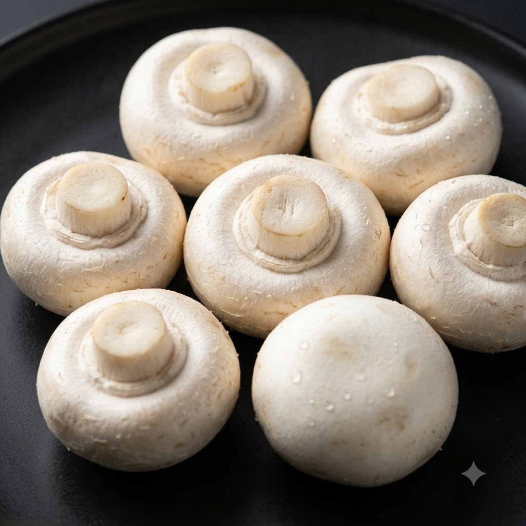 Frische ganze weiße Champignons auf einem dunklen Teller angeordnet.