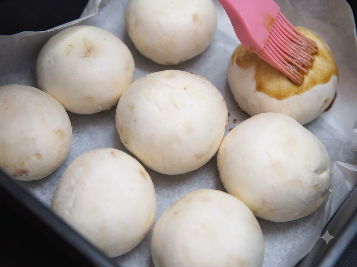 Ein rosa Silikon-Teigpinsel trägt dunkle Honig-Soja-Sauce auf weiße Champignonköpfe auf, die auf Backpapier in einem Heißluftfritteusenkorb liegen.