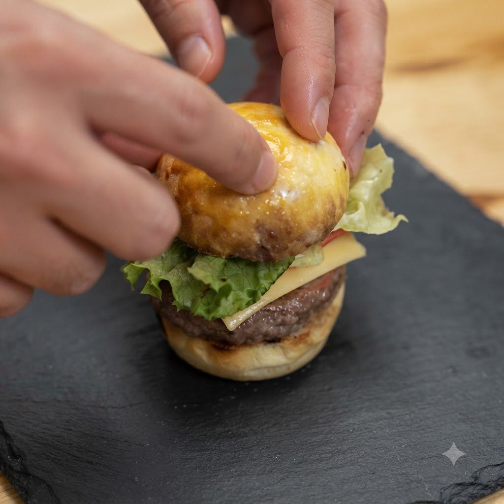 Zwei Hände halten und fixieren einen zusammengesetzten Mini-Champignon-Burger mit einem Zahnstocher auf einem dunklen Schieferbrett.