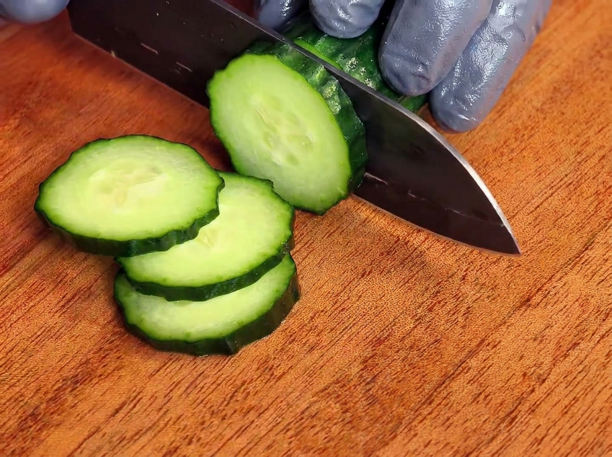 Eine Gurke wird auf einem Holzbrett in kreisrunde Scheiben geschnitten.