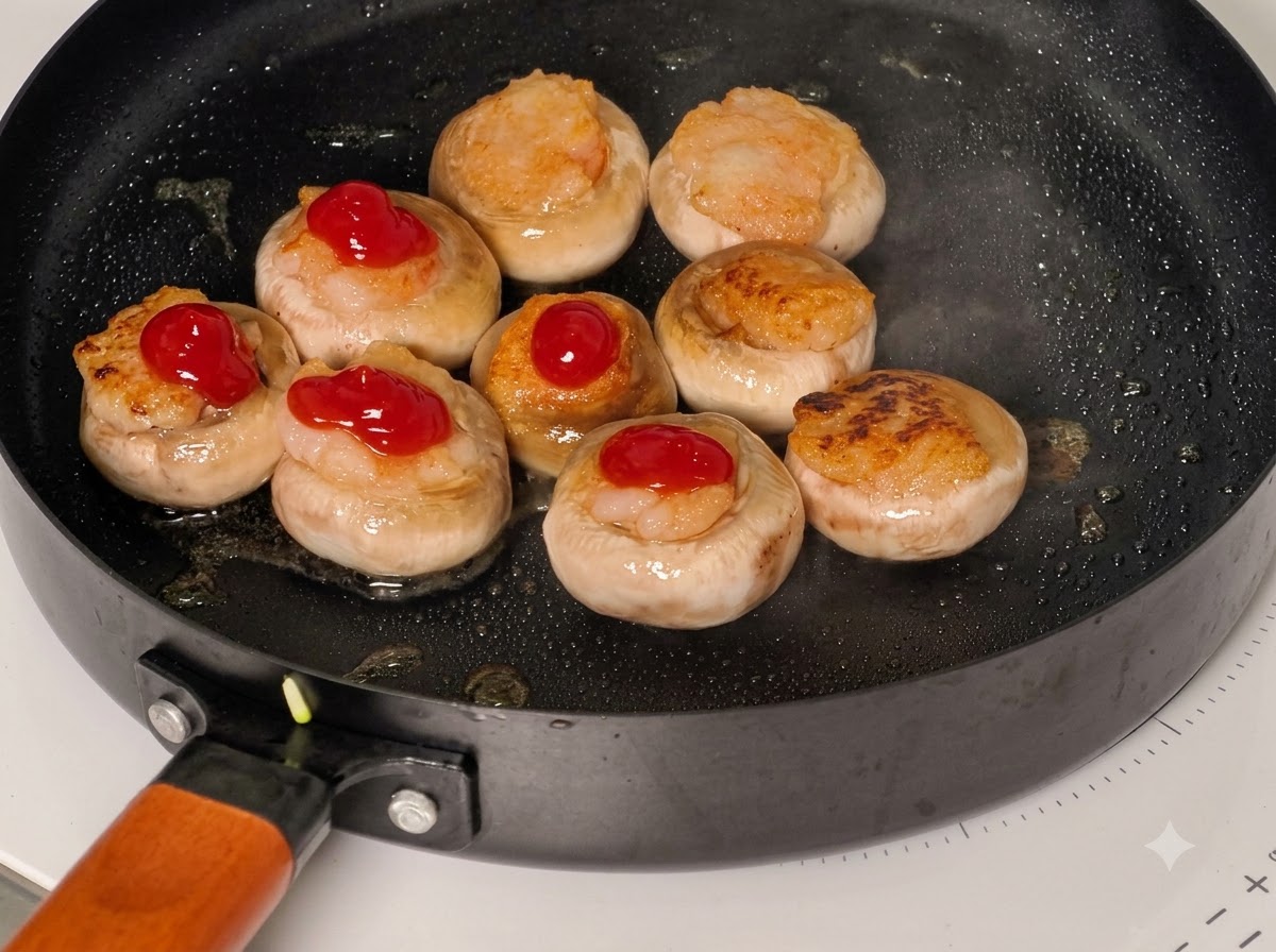 Scheiben von Gurke, Salat und Tomaten sind über ketchupbedeckten Pilzköpfen in einer Pfanne geschichtet.