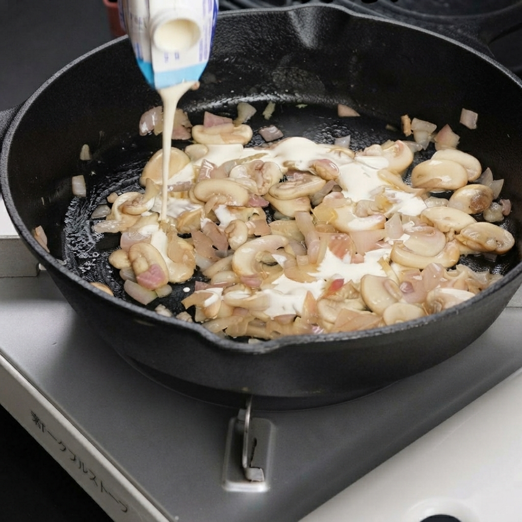 Sahne wird aus einem Behälter in eine Pfanne mit sautierten Pilzen und Zwiebeln gegossen.