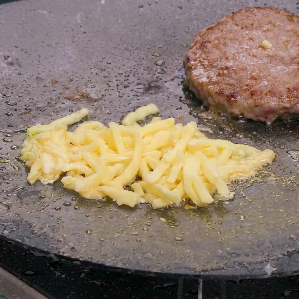 Geriebener Mozzarella-Käse schmilzt sanft über einem heißen Rinderpatty in einer Pfanne.