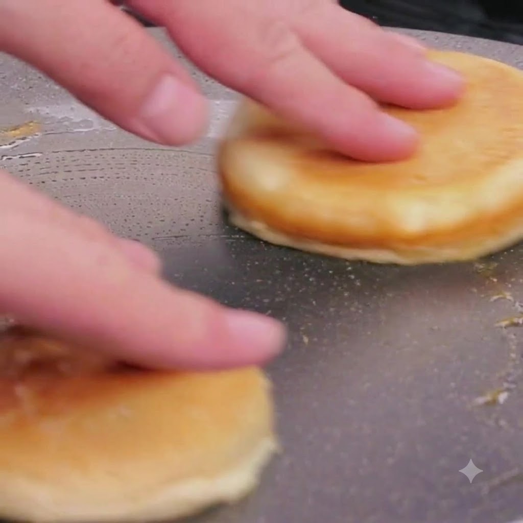 Hamburgerbrötchen-Hälften toasten mit der Schnittfläche nach unten im verbleibenden Bratfett über kleiner Flamme.