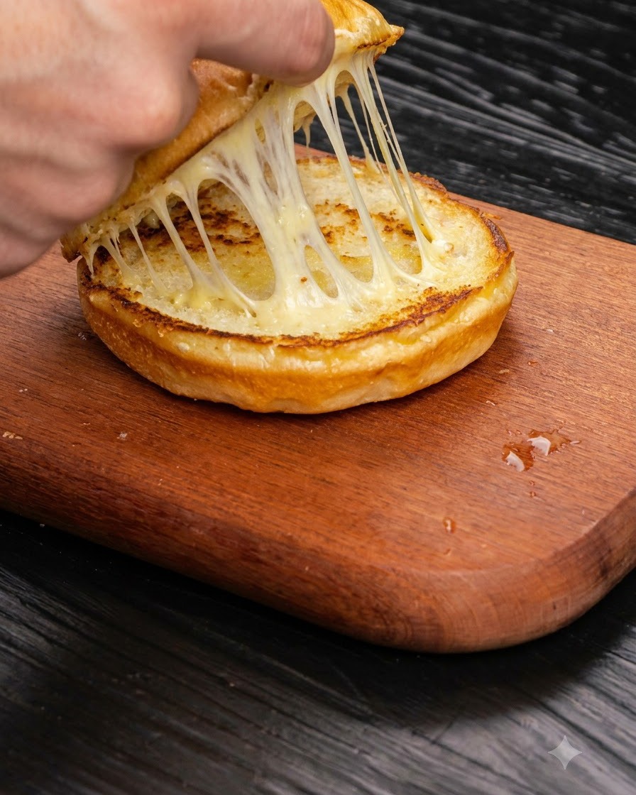 Ein käsiges Rinderpatty wird mit einer Zange auf ein getoastes Hamburgerbrötchen auf einem Holzschneidebrett gelegt.