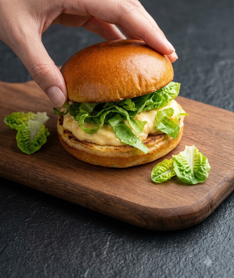Eine Hand hält das obere Brötchen knapp über den zusammengesetzten Burger-Schichten mit cremiger Soße und Salat auf einem Holzbrett.