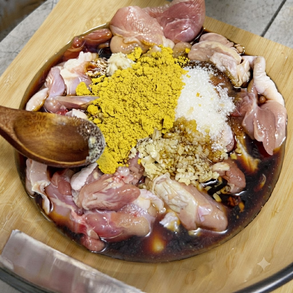 Ein Häufchen gelbes Currypulver und Knoblauchpaste auf rohem Hähnchen und Soße in einer Glasschüssel.