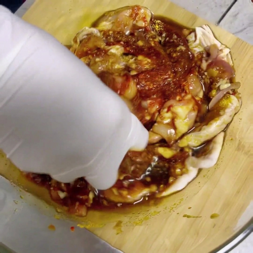 Eine handgeschützte Hand vermischt rohe Hähnchenstücke und rote Marinade in einer Schüssel.