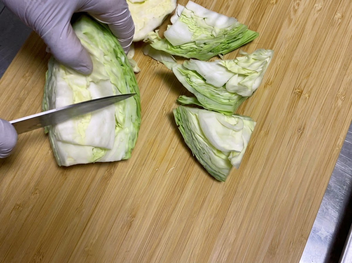 Ein Kochmesser schneidet einen Kopf rohen Kohl in große Spalten auf einem Holzbrett.