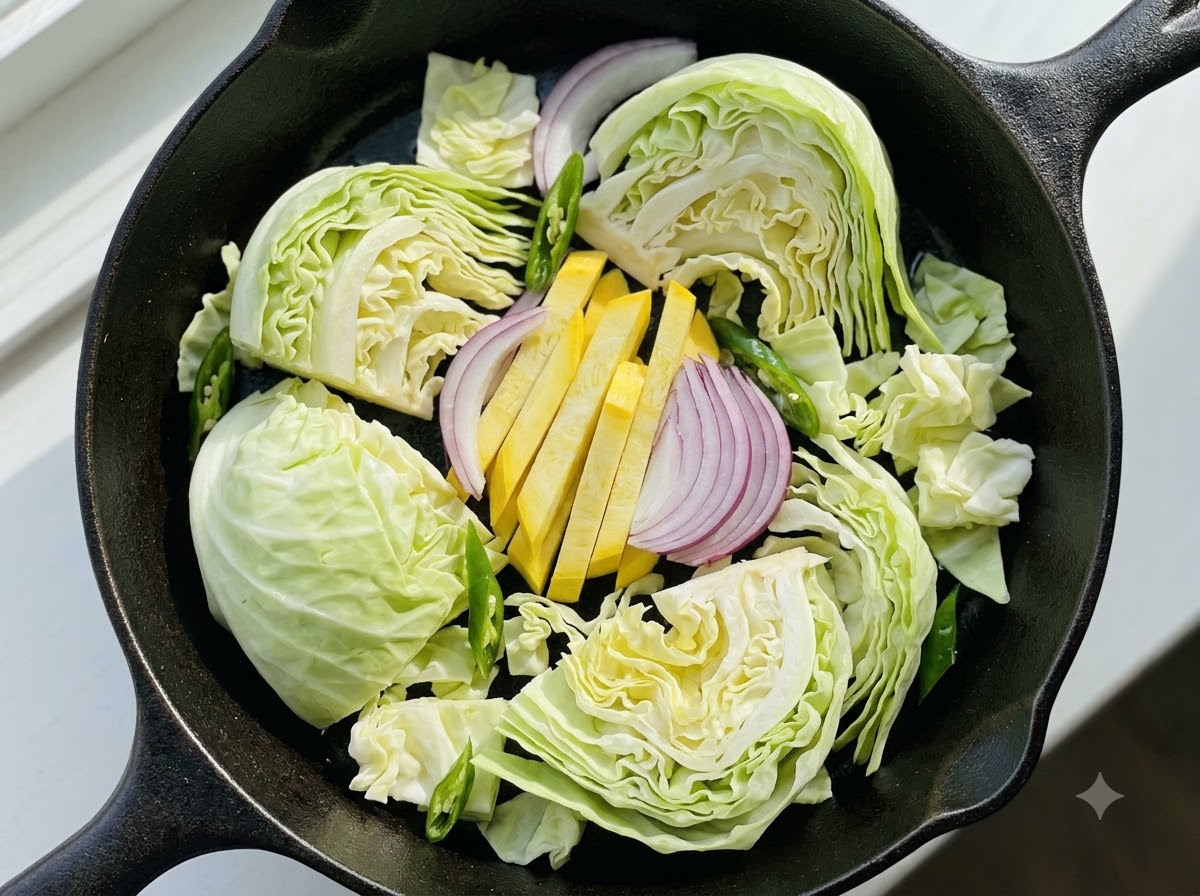 Frisch geschnittener Kohl, rote Zwiebeln, Lauch und gelbe Süßkartoffelstifte in einer Gusseisenpfanne.