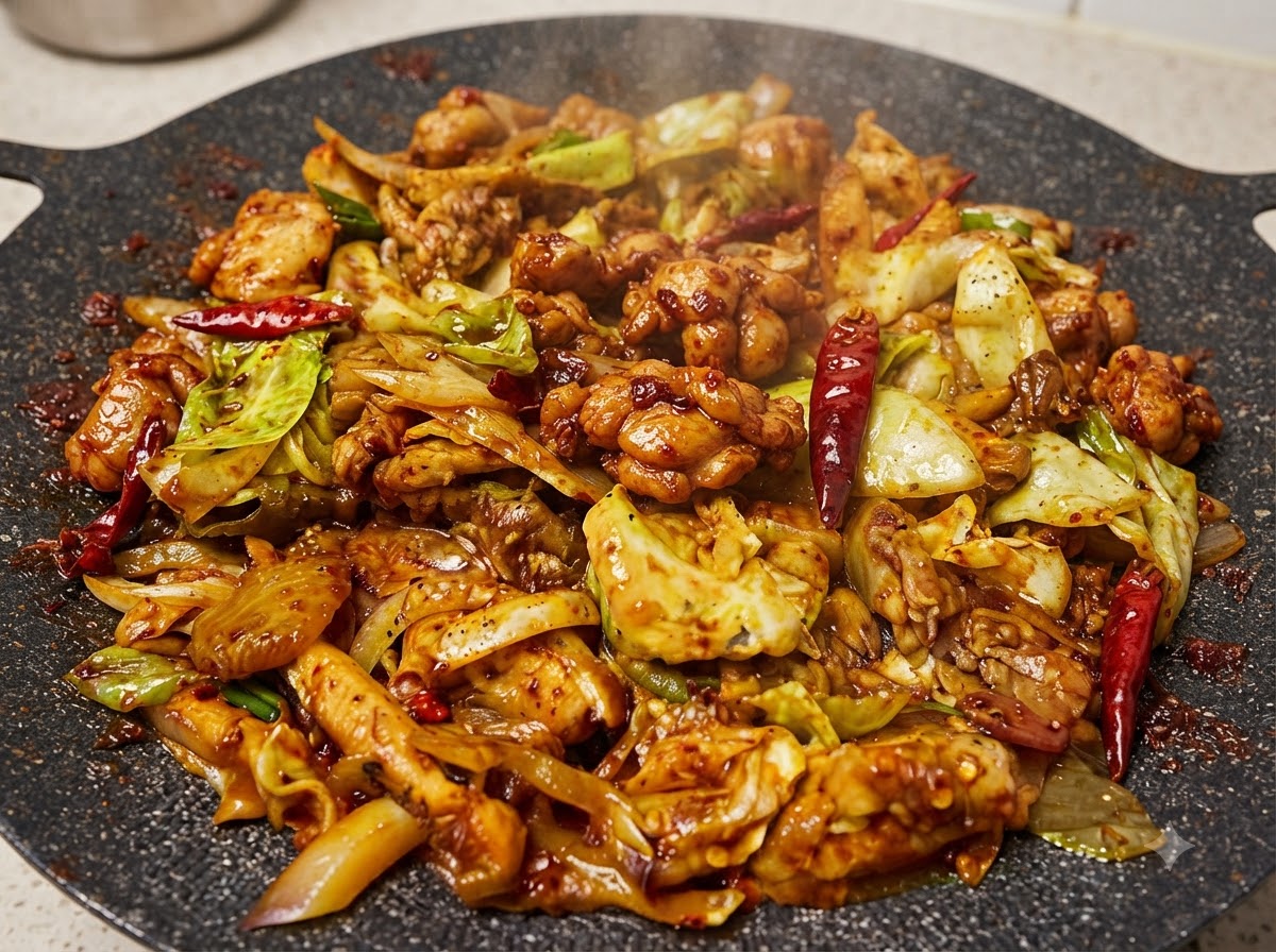 Eine große Pfanne mit gebratenen Hähnchenstücken, Kohl und getrockneten Chilis glänzt in roter Soße.