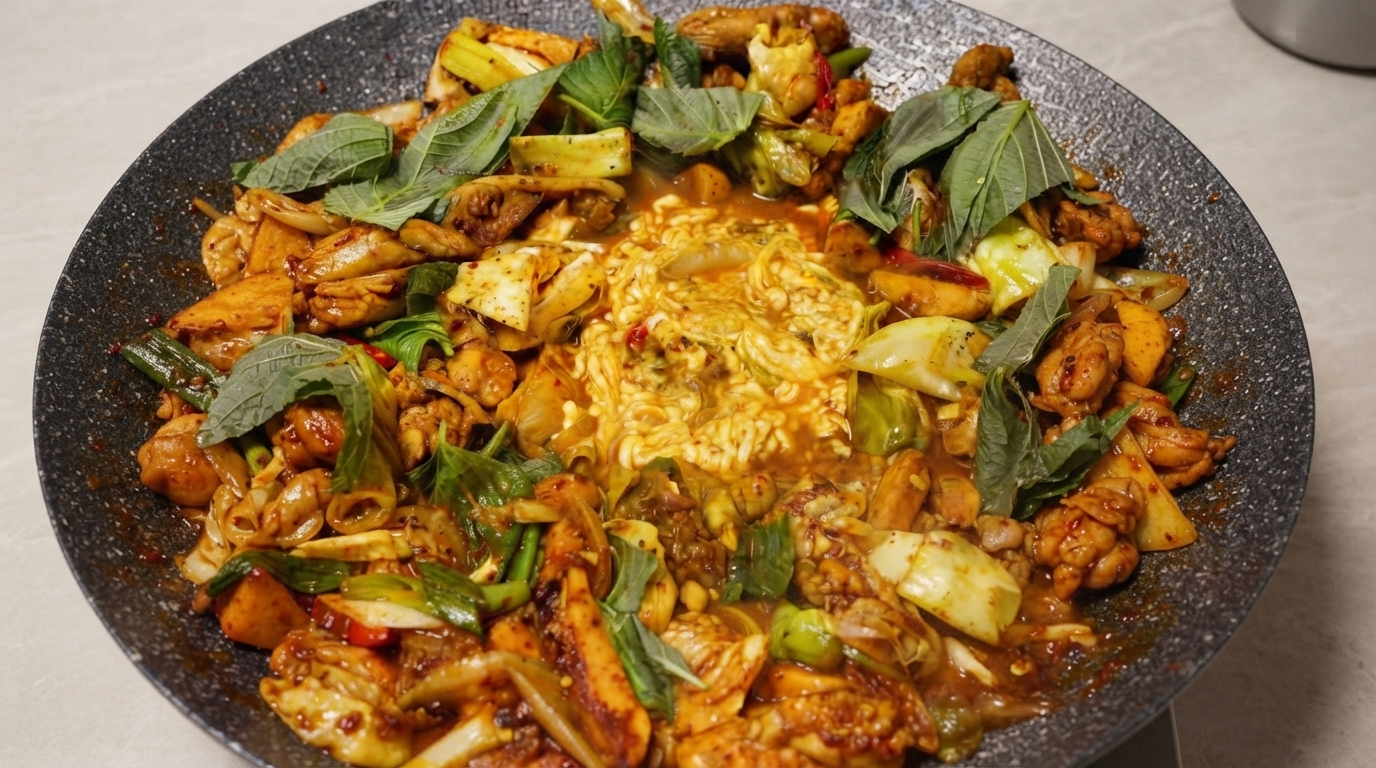 Eine brutzelnde Pfanne mit Käse Dak-galbi, bestehend aus scharf mariniertem Gochujang-Hähnchen, Süßkartoffeln und Kohl um einen Kern aus geschmolzenem Mozzarella.