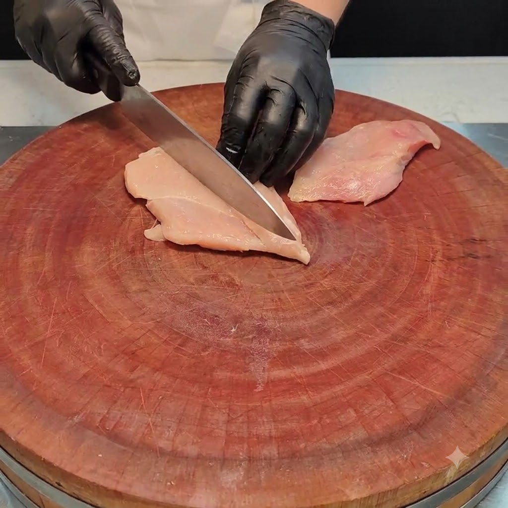 Eine Hähnchenbrust wird auf einem runden Holzschneidebrett sorgfältig mit einem Chefkochmesser aufgeschnitten.