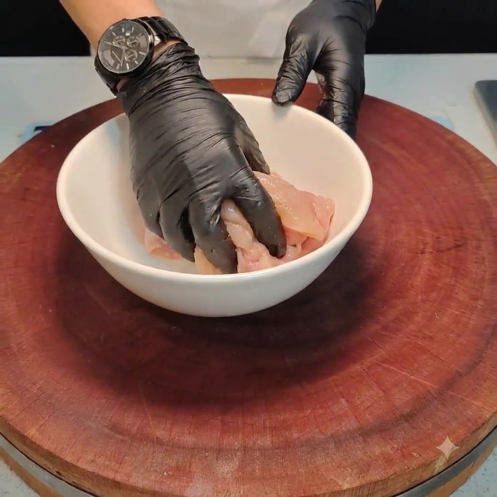 Mit Handschuhen bekleidete Hände vermengen Hähnchenstücke und Gewürze in einer weißen Schüssel.