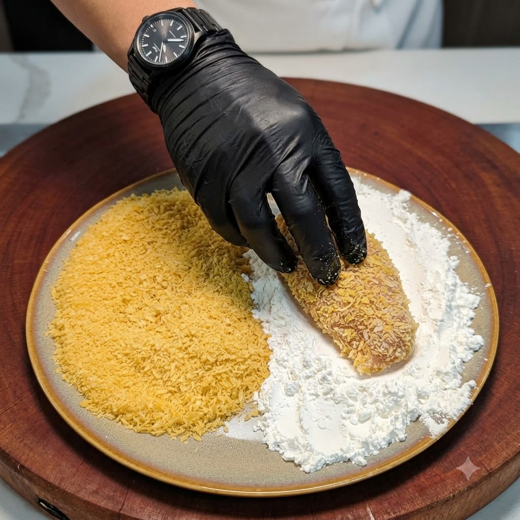 Ein in Ei getauchtes Hähnchenschnitzel wird auf einem Teller in Paniermehl gedrückt.