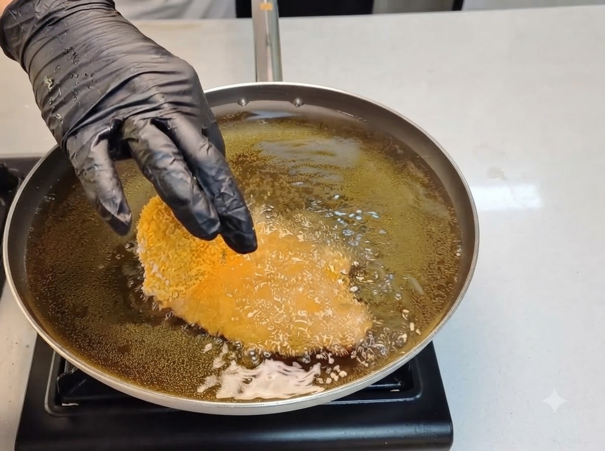 Ein paniertes Hähnchenschnitzel wird in blubberndes heißes Öl in einer Pfanne abgesenkt.