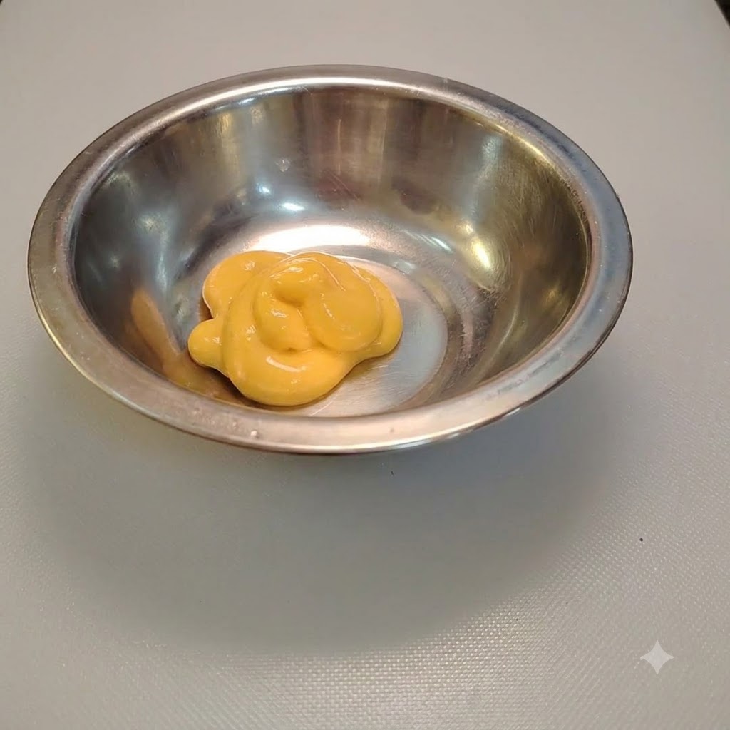 Käse-Salat-Dressing wird in eine glänzende Rührschüssel aus Metall gedrückt.