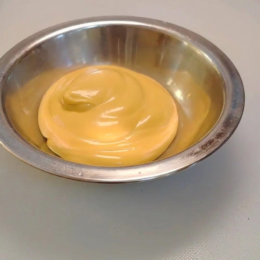 Wasabi wird in eine Metallschüssel gedrückt, die mit cremigem Käse-Salat-Dressing gefüllt ist.