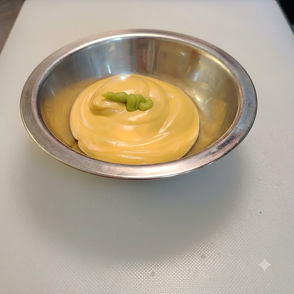 Grüne Wasabipaste wird auf das Käse-Salat-Dressing in einer Schüssel gegeben.