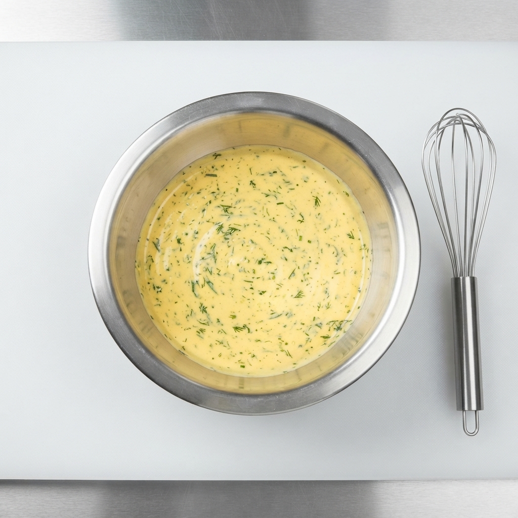Eine Metallschüssel mit vollständig vermischter Käse- und Wasabi-Sauce neben einem Schneebesen auf einem weißen Schneidebrett.