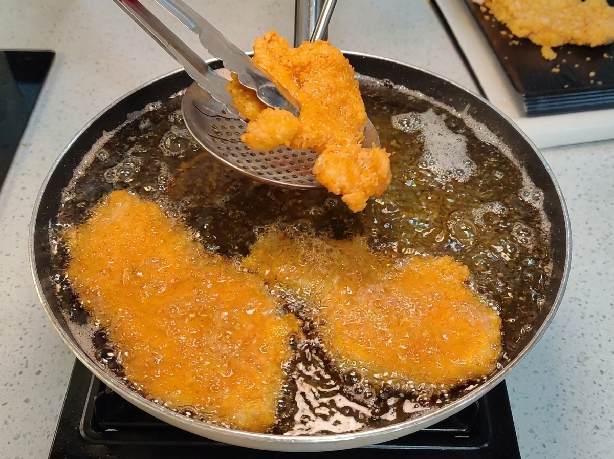 Goldbraun frittierte Hähnchenschnitzel werden mit einer Zange und einem Sieb aus einer heißen Ölpfanne geschöpft.