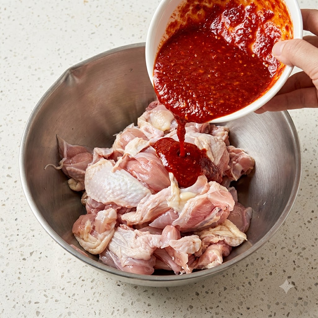 Rote Soße wird aus einer weißen Schüssel in eine mit rohem Hähnchen gefüllte Edelstahlschüssel gegossen.