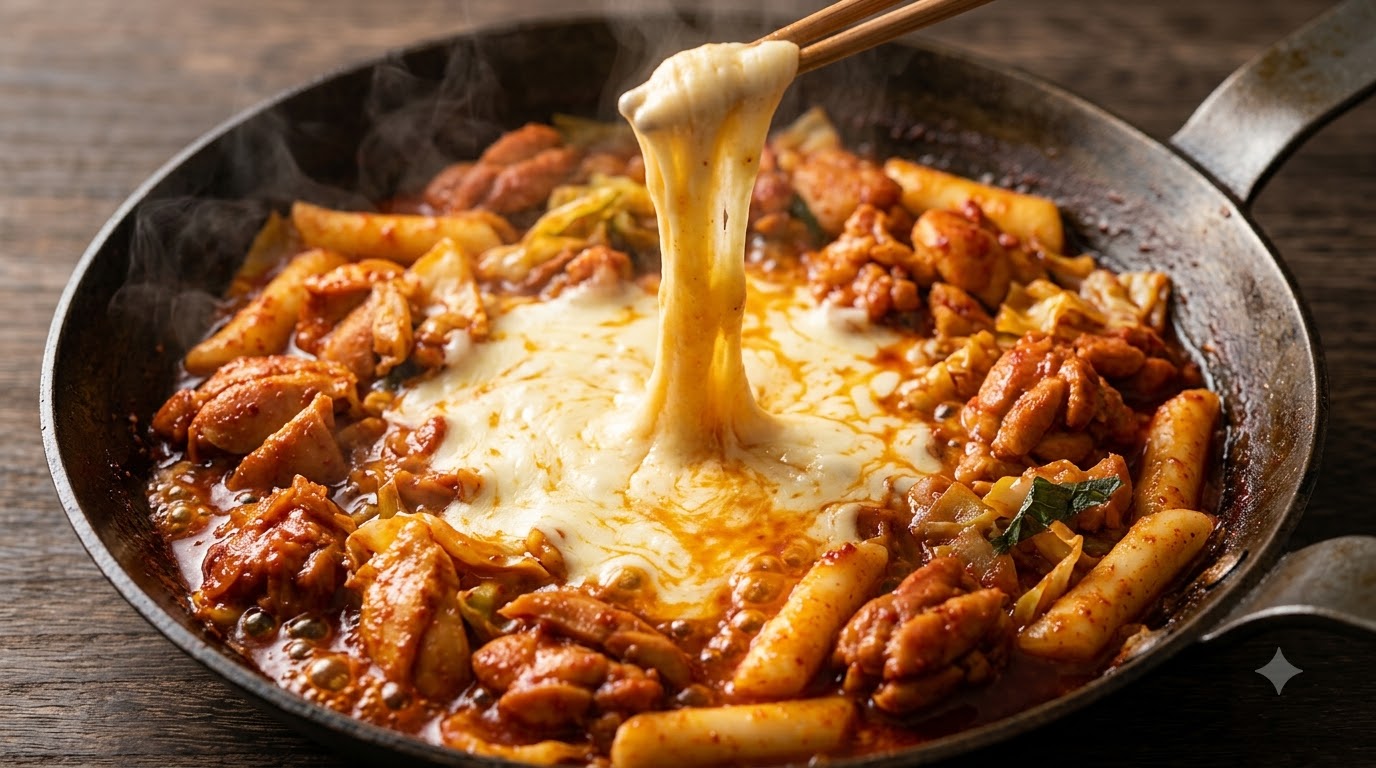Klassisches Chuncheon Dak-galbi mit geschmolzenem Käse