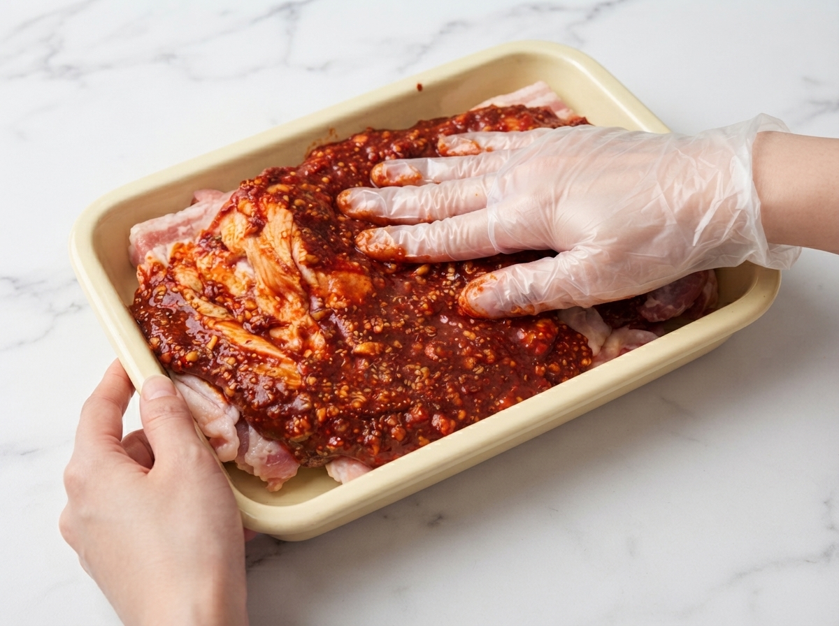 Eine bemalte Hand massiert rote scharfe Marinade in rohes Hähnchenfleisch in einem gelben Behälter.