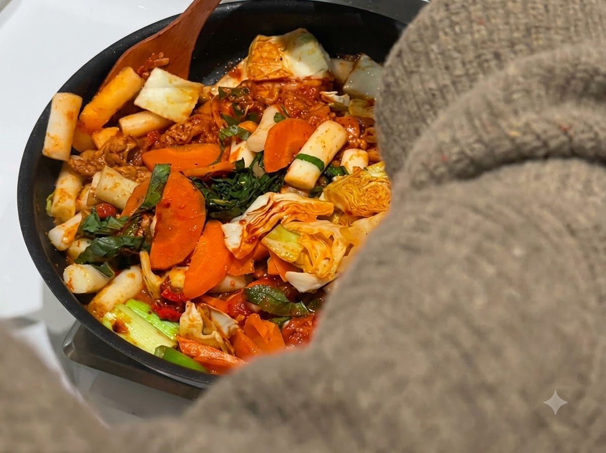 Ein Holzlöffel vermischt Hähnchen, Gemüse und Reiskuchen, die in roter Sauce in einer Pfanne köcheln.