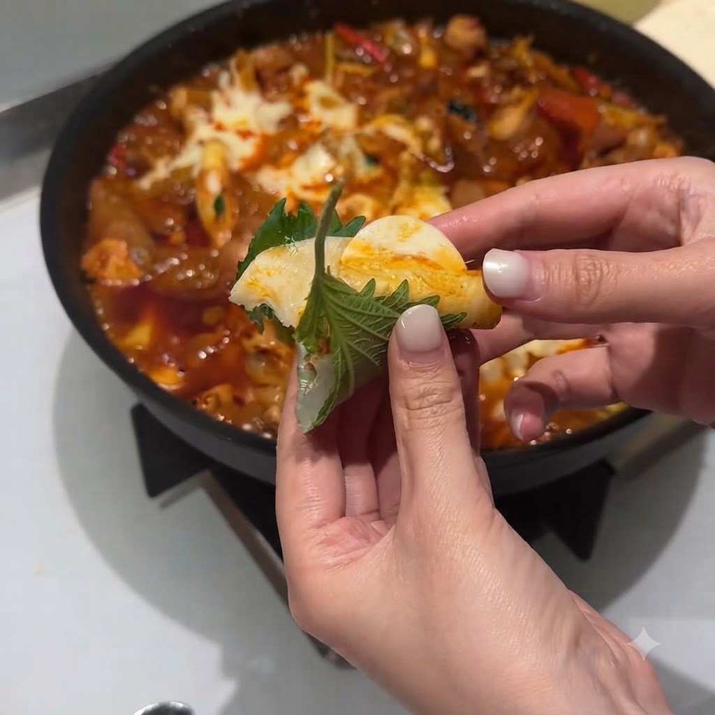 Gekochter weißer Reis wird zur restlichen roten Sauce in die Kochpfanne gegeben.