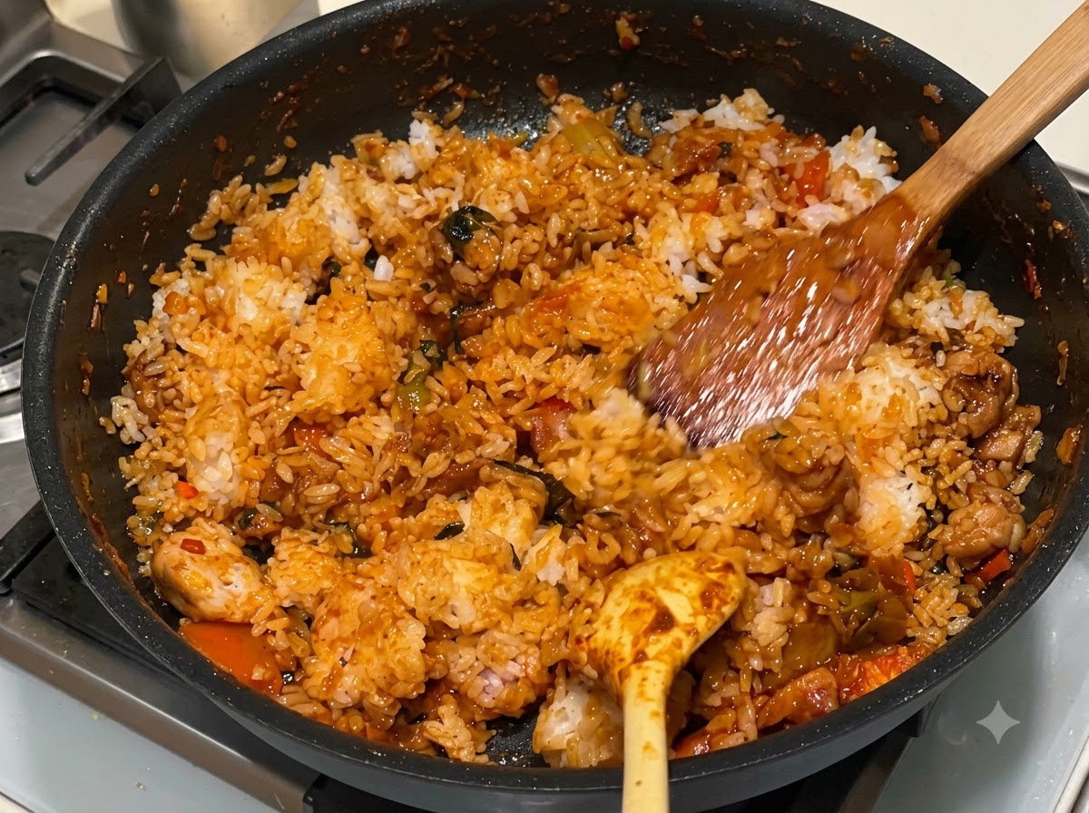 Ein Holzspatel mischt weißen Reis in eine hellrote, scharfe Sauce in einer heißen Pfanne.