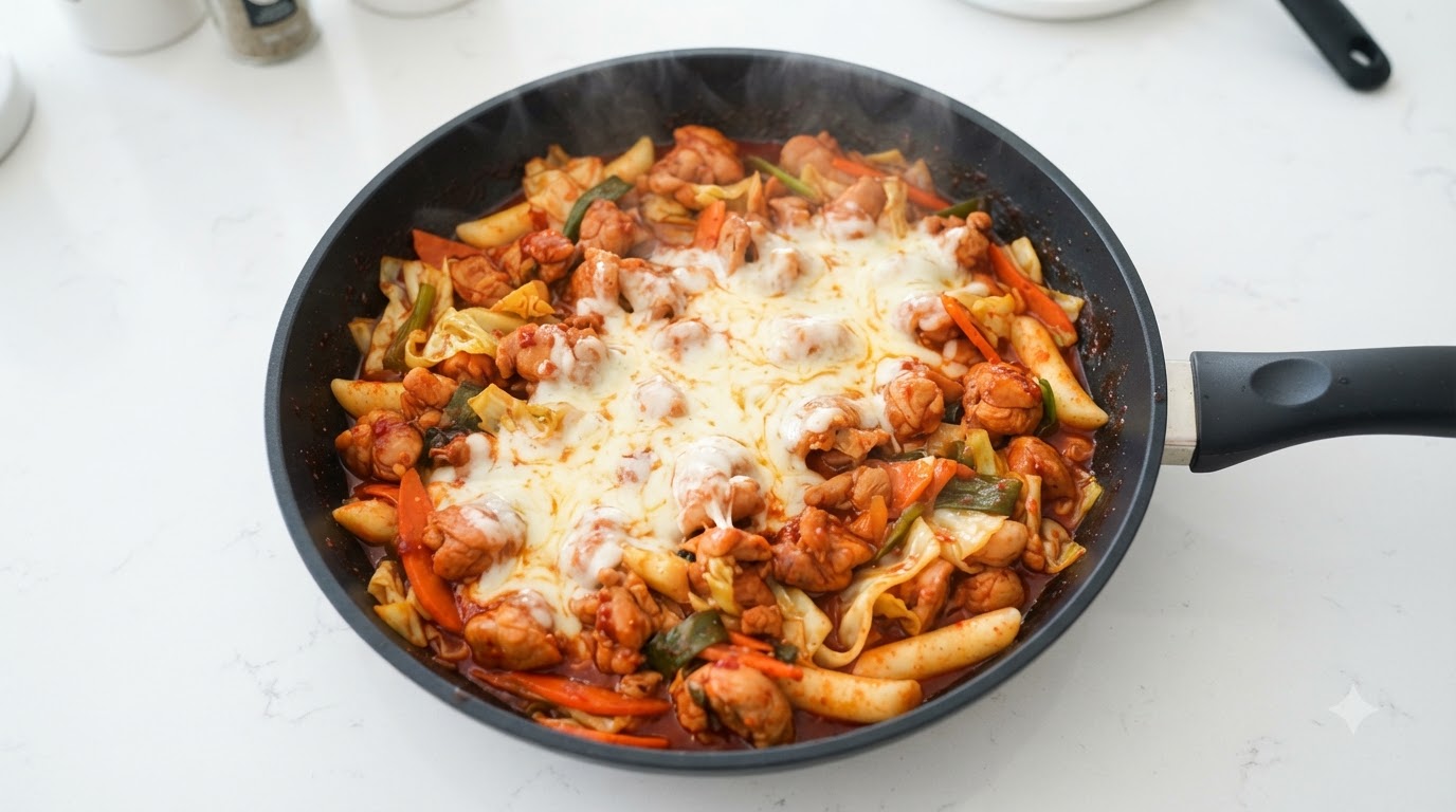 Koreanischer Wok-Hähnchen-Eintopf mit Käse (Dakgalbi)
