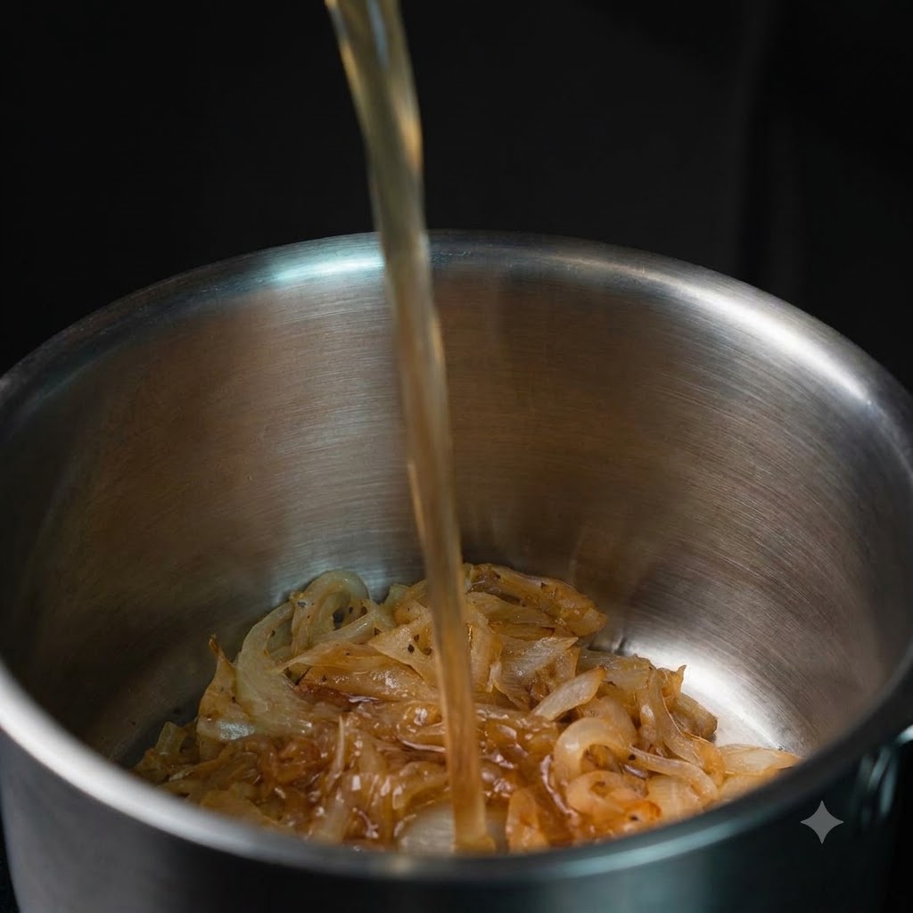 Klaare Brühe wird in einen Topf mit gebräunten, karamellisierten Zwiebeln gegossen.