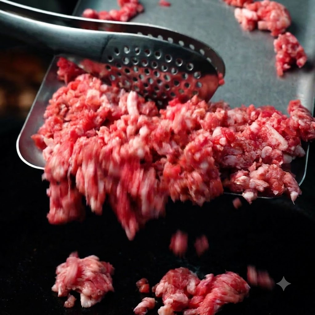 Frisches australisches Angus-Rinderhackfleisch wird mit einer Zange auf eine heiße Kochfläche gegeben.
