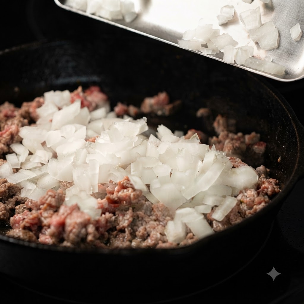 Frisch gehackte weiße Zwiebelstücke fallen von einem Metalltablett in eine Gusseisenpfanne mit gekochtem Hackfleisch.