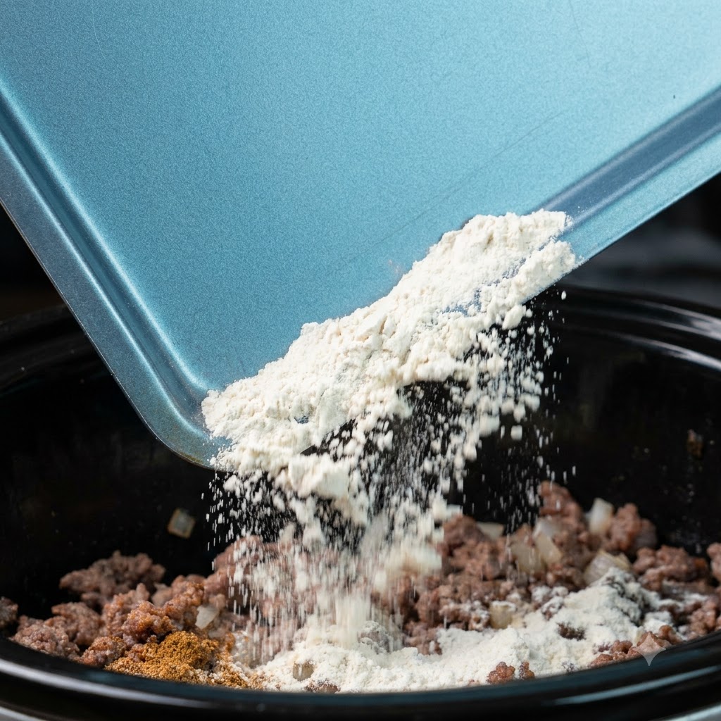 Trockenes Mehl und pulverförmige Gewürze werden von einem blauen Tablett auf die Fleisch-Zwiebel-Mischung in einem Kochgefäß geschüttet.