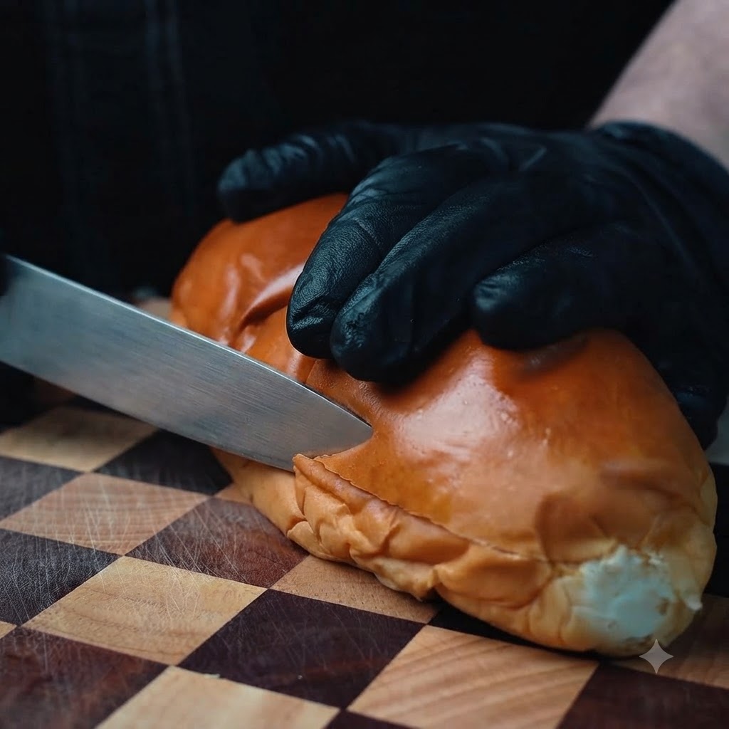Die Hand eines Kochs mit schwarzem Handschuh schneidet ein goldbraunes Brötchen auf einem karierten Holzschneidebrett mit einem Messer auf.