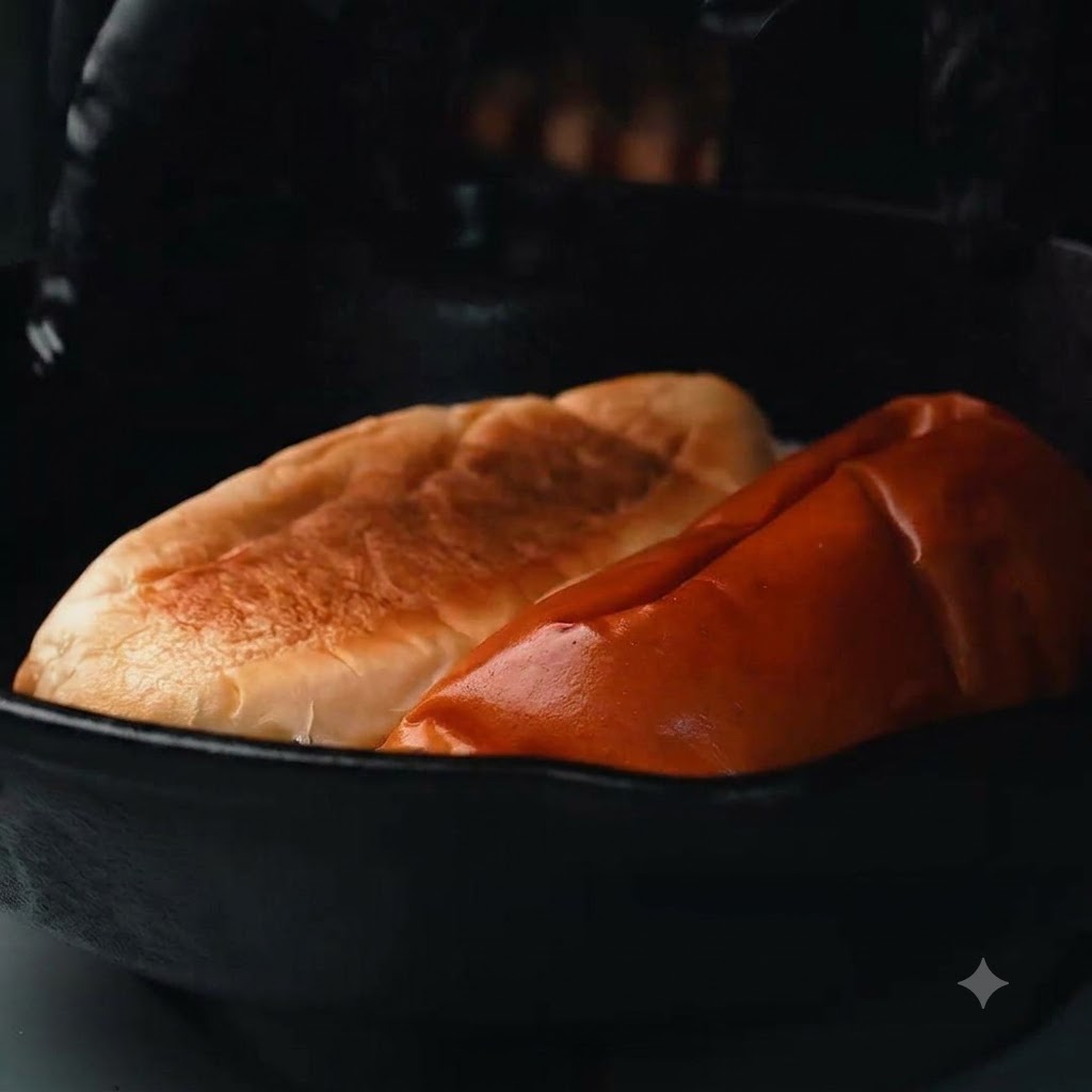 Zwei Hälften eines Brötchens toasten in einer dunklen Gusseisenpfanne und zeigen goldbraun getoastete Oberflächen.