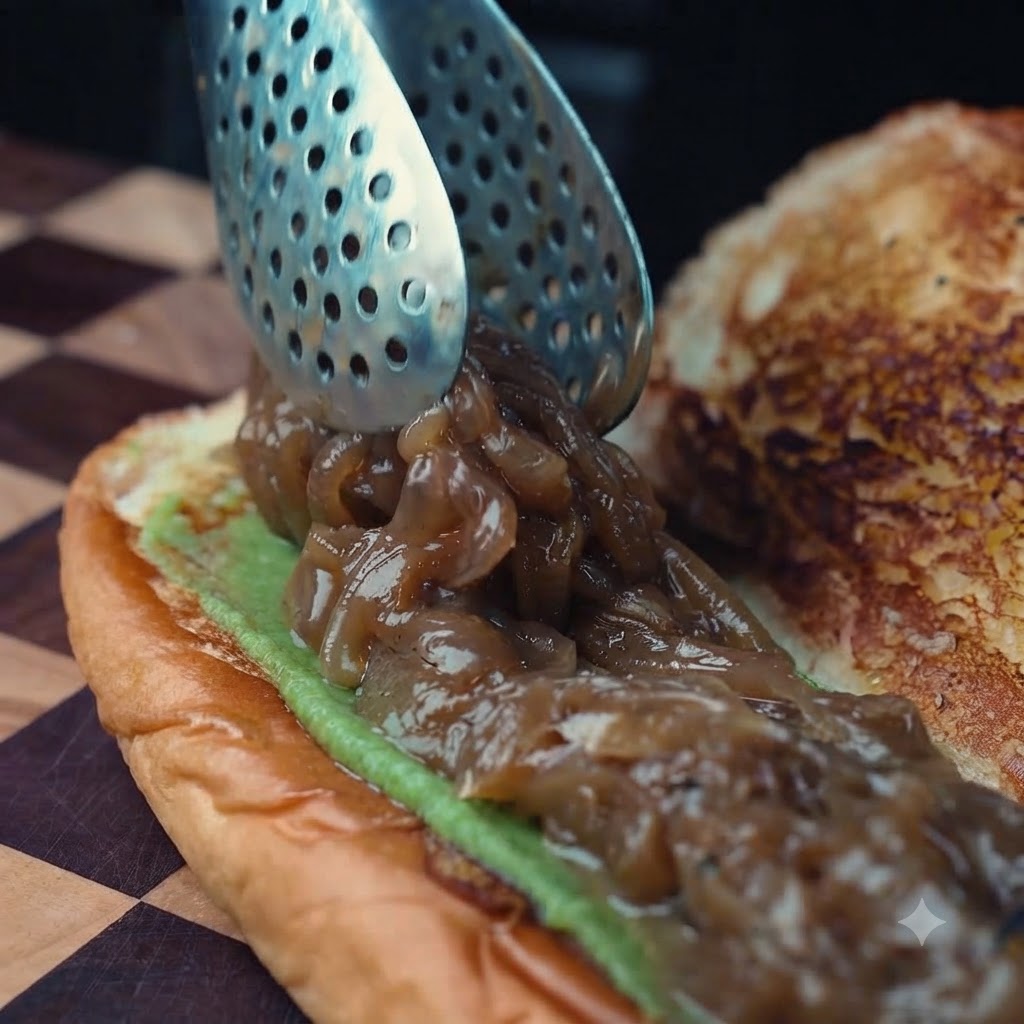 Das gekochte Hackfleisch mit geschmolzenem Käse wird mit einem Utensil in das Sandwich gegeben.